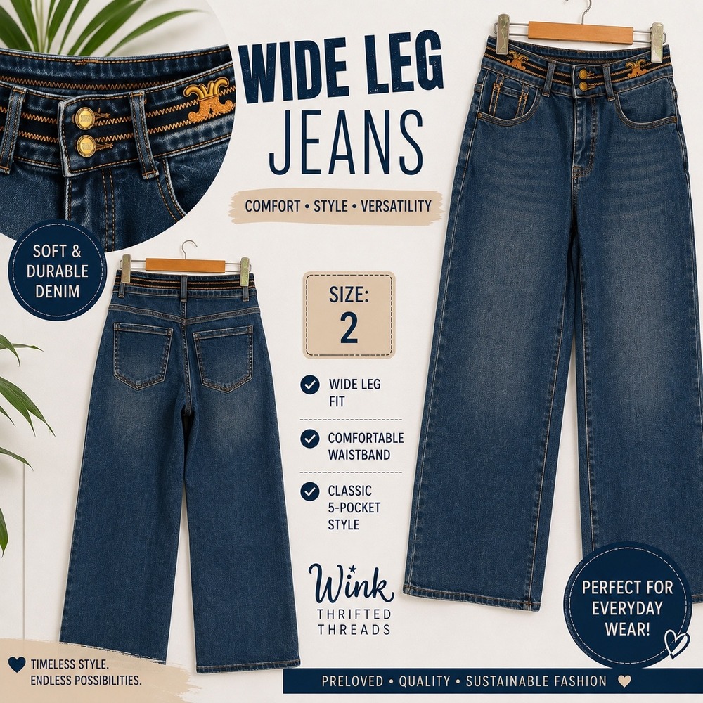 Best Vogue Wide Leg High Rise Jeans Blue Denim Size L Double Button